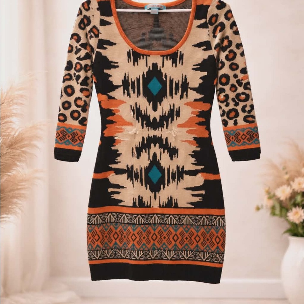 Flying Tomato Aztec & Leopard Knit Midi Dress in Black, Tan, Orange and Teal